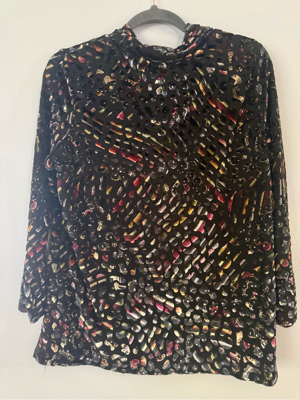 Abstract Burnout Velvet Cowl Neck Tunic Blouse Black Multi Large - Picture 2 of 5